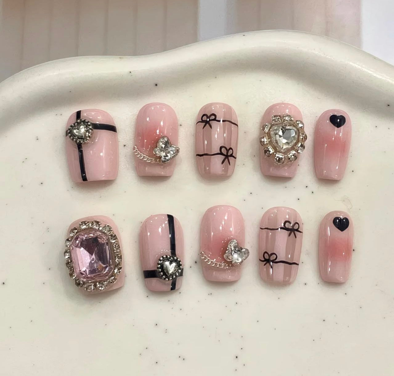 Pink Ribbon Heart Glam Nails