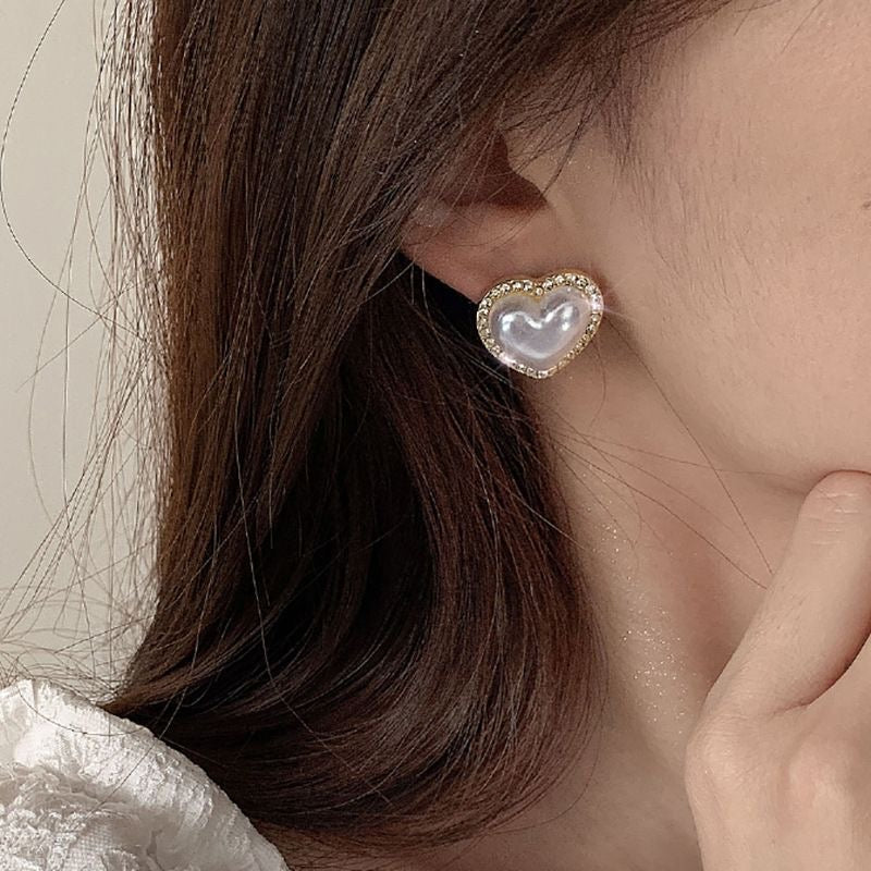 Pearl Heart Crystal Stud Earrings