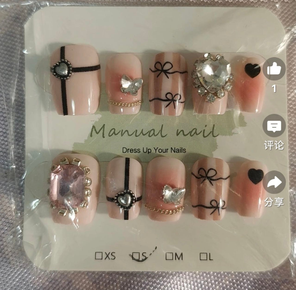Pink Ribbon Heart Glam Nails