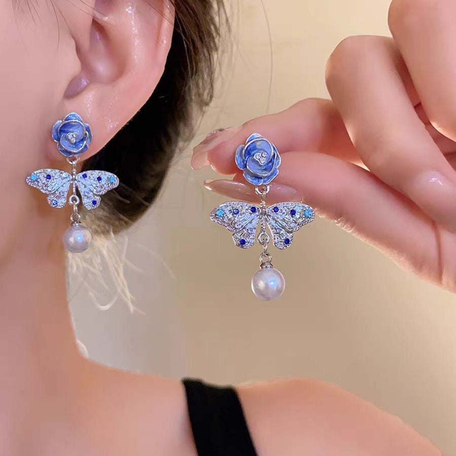 Elegant Butterfly & Flower Pearl Earrings