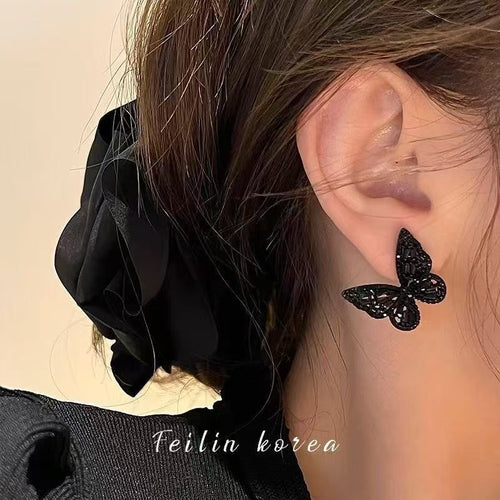 Black Crystal Butterfly Stud Earrings