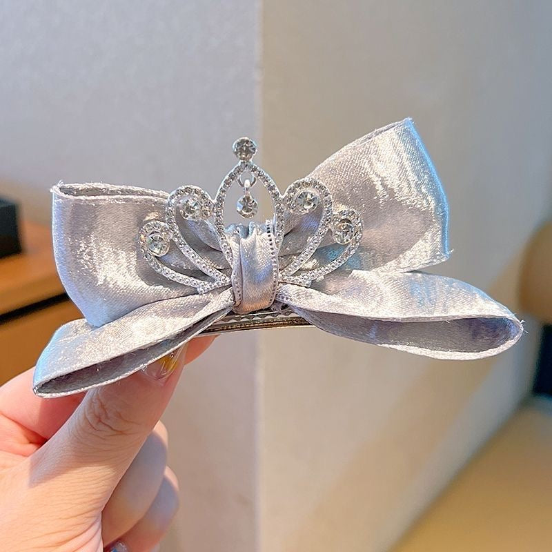Princess Crown Satin Bow Hair Clip – Rhinestone Tiara Barrette
