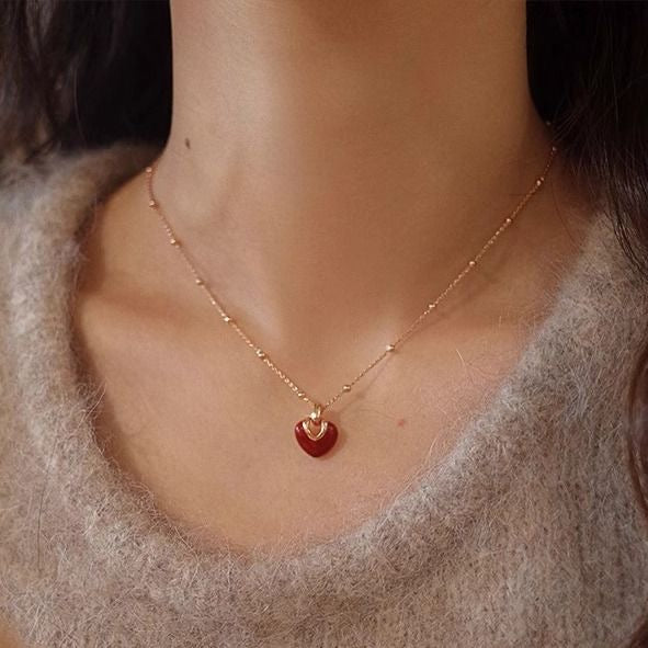 Red Heart Gold-Tone Necklace & Stud Earrings Set