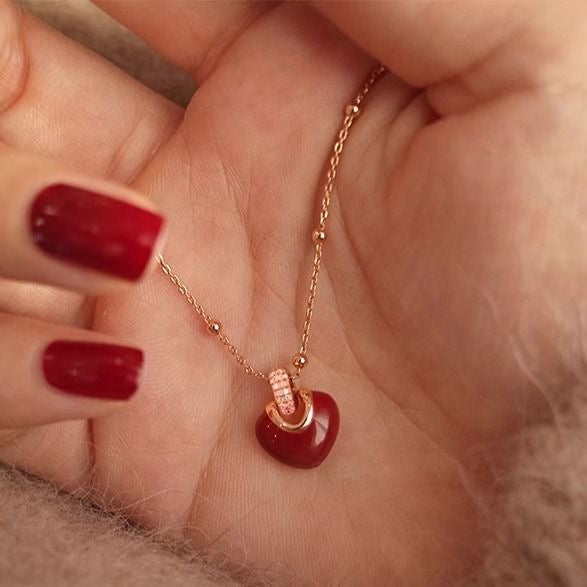 Red Heart Gold-Tone Necklace & Stud Earrings Set