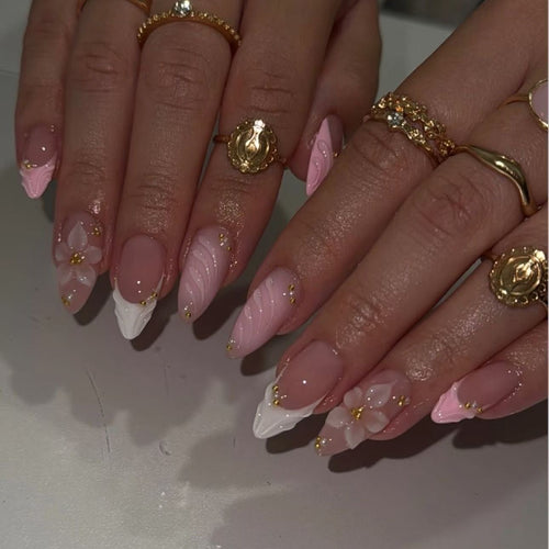 Blush Pink 3D Floral & Gold Accent Press-On Nails 🌸✨