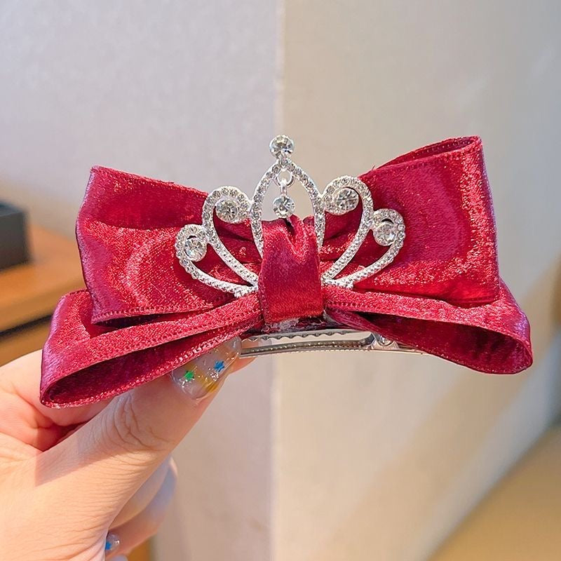Princess Crown Satin Bow Hair Clip – Rhinestone Tiara Barrette