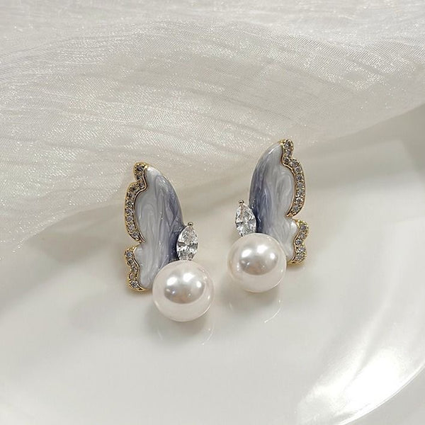 Blue Butterfly Pearl Drop Earrings