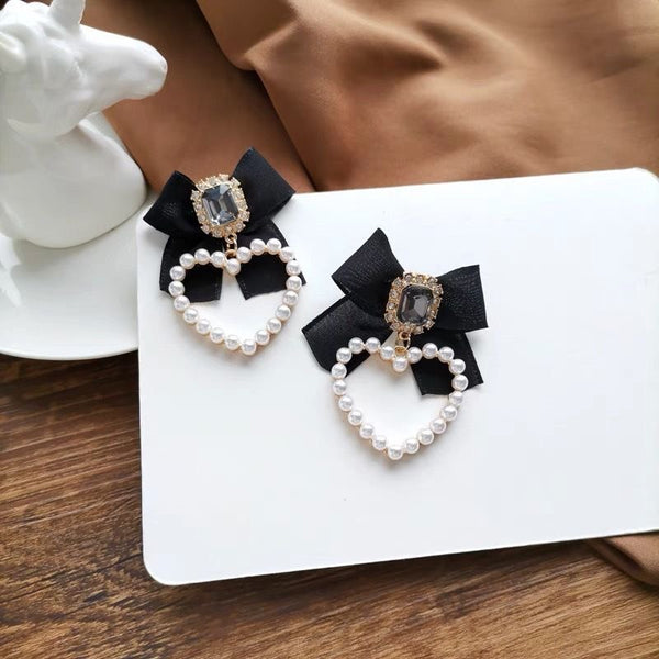 Elegant Black Bow & Pearl Heart Drop Earrings