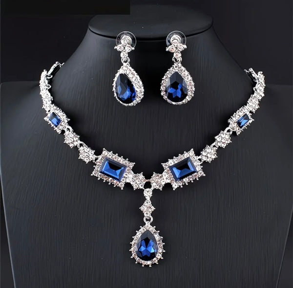 Royal Sapphire Crystal Necklace and Earrings Set