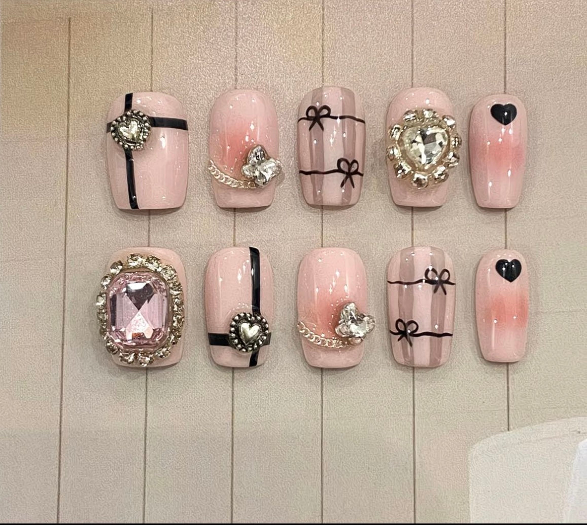 Pink Ribbon Heart Glam Nails