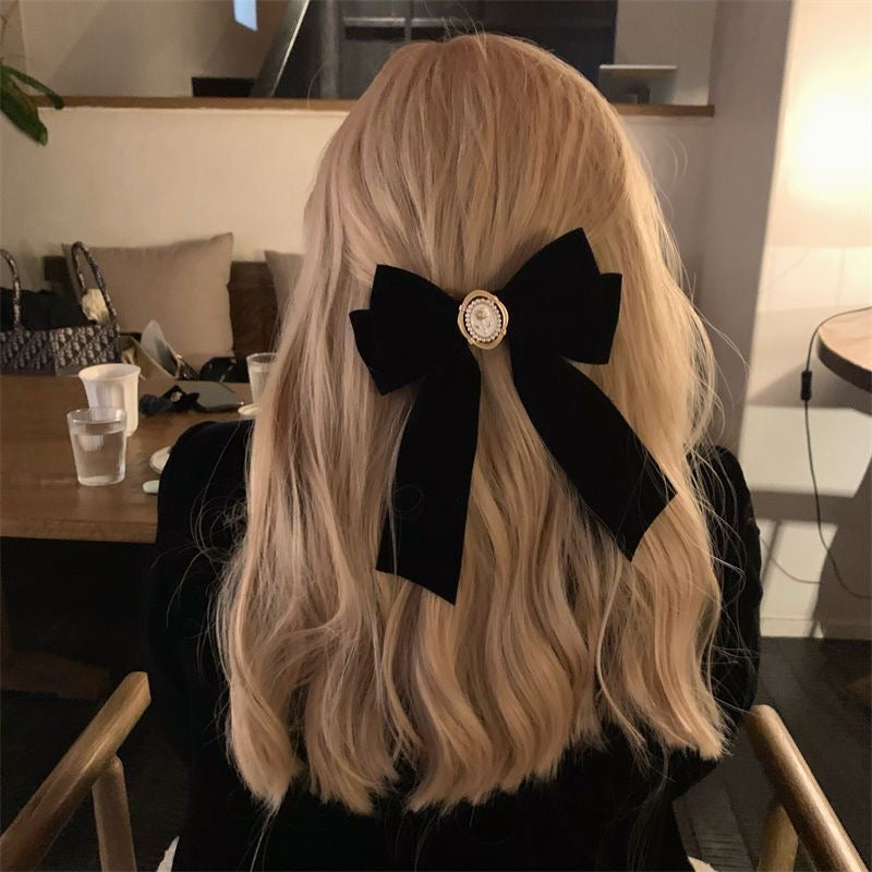 Vintage Velvet Bow Hair Clip with Cameo Pearl Barrette