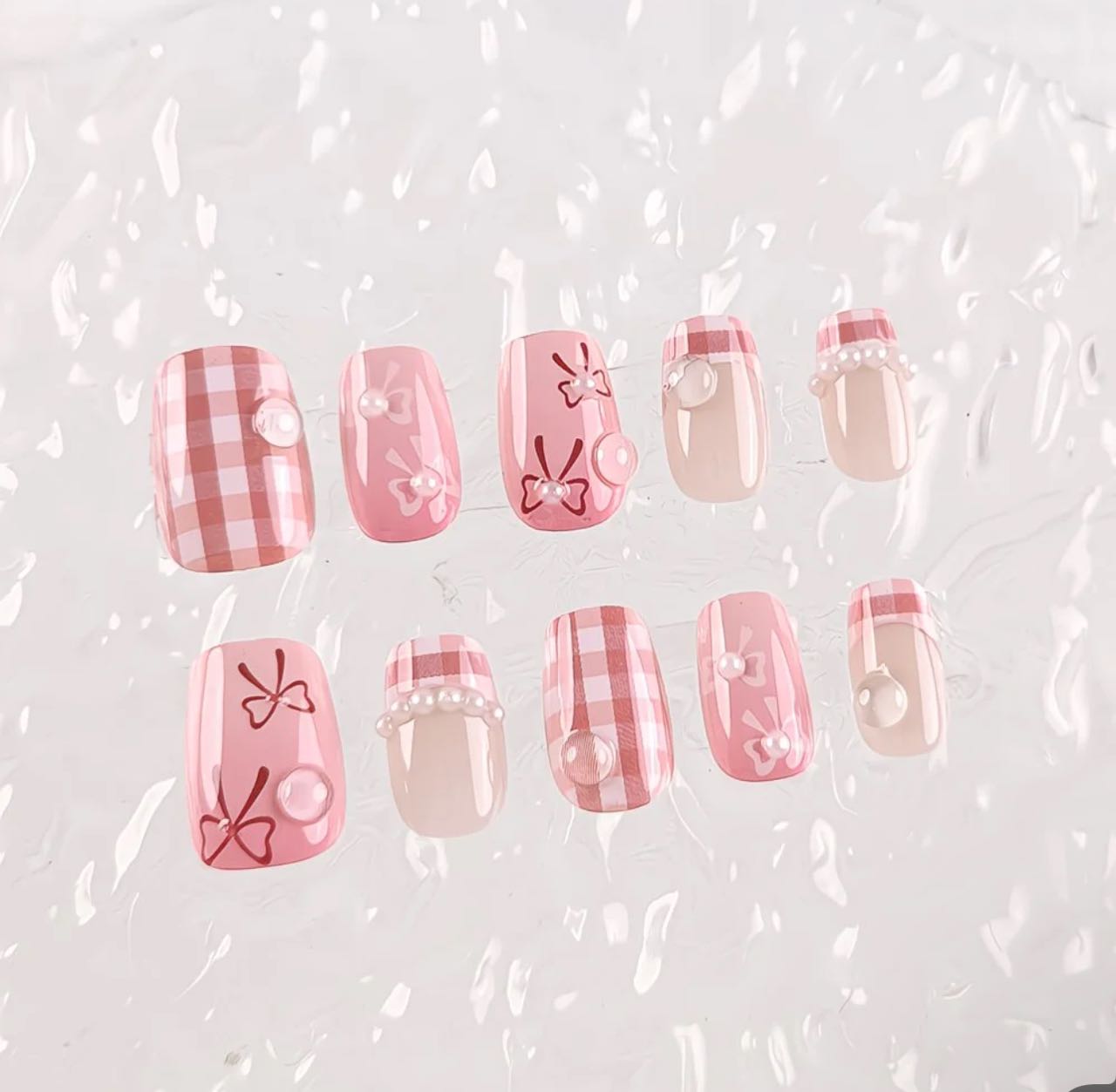 Pink Gingham Bow Nails
