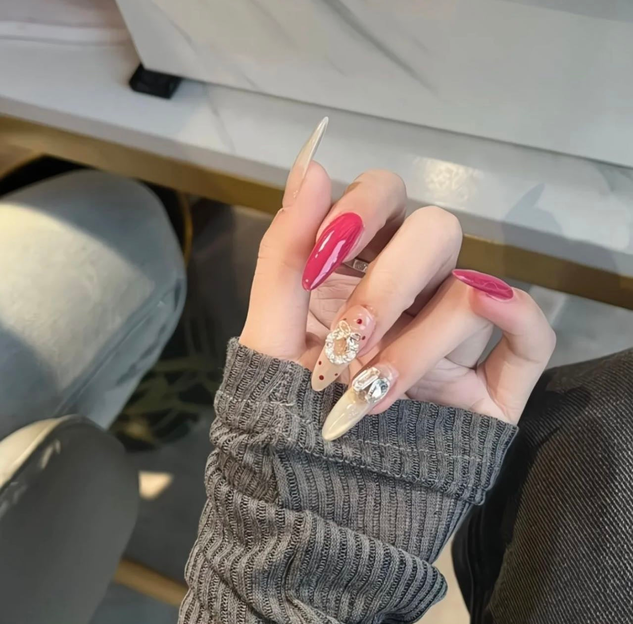 Red Bow Rhinestone Nail Art
