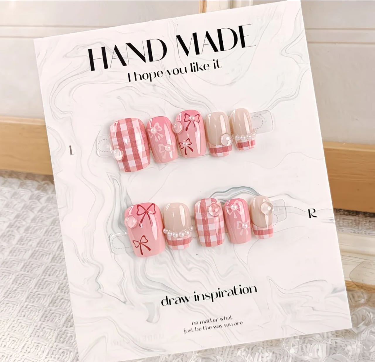 Pink Gingham Bow Nails