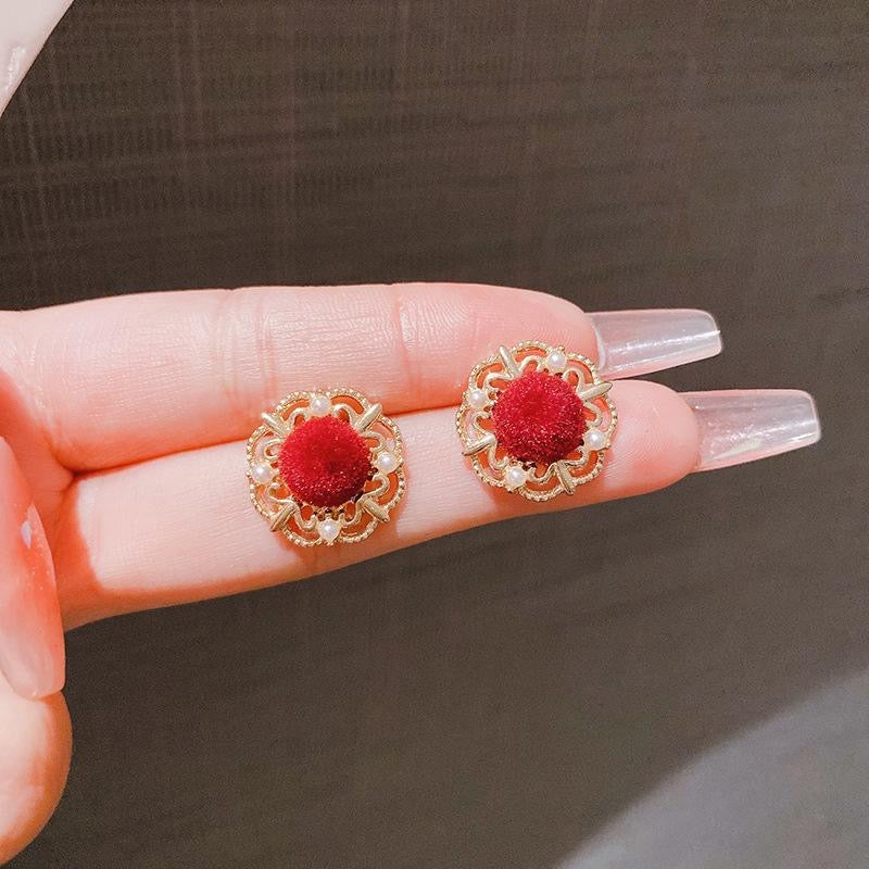 Vintage Red Velvet Floral Stud Earrings