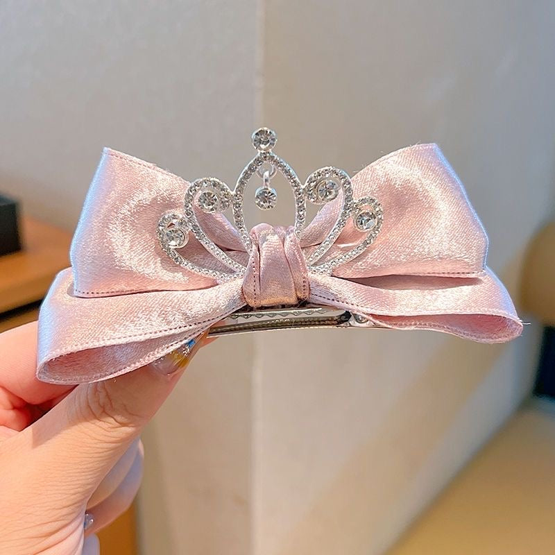 Princess Crown Satin Bow Hair Clip – Rhinestone Tiara Barrette