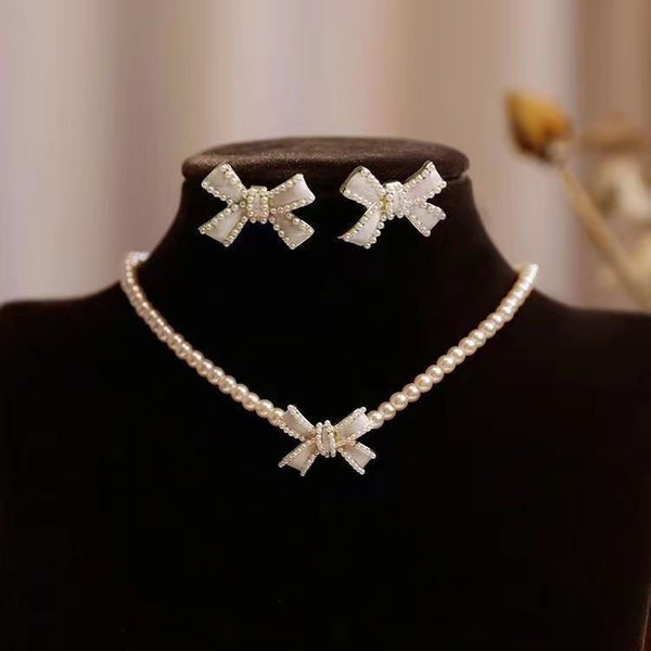 Elegant Pearl Bow Necklace & Earrings Set