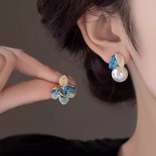 Blue Floral Pearl Drop Earrings