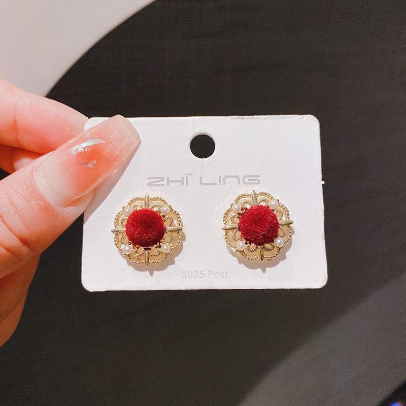 Vintage Red Velvet Floral Stud Earrings