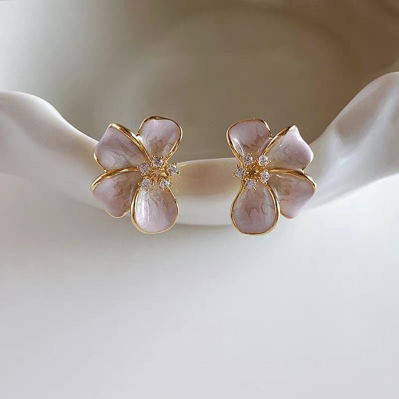 Elegant Red & Pink Enamel Flower Stud Earrings