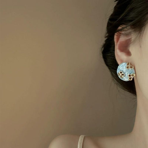 Blue Floral Enamel Statement Earrings