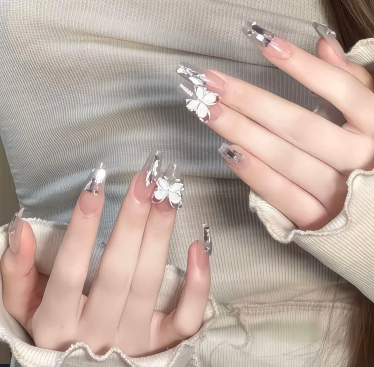 Butterfly Charm Nude Nails – Crystal Glitter Press-On Set