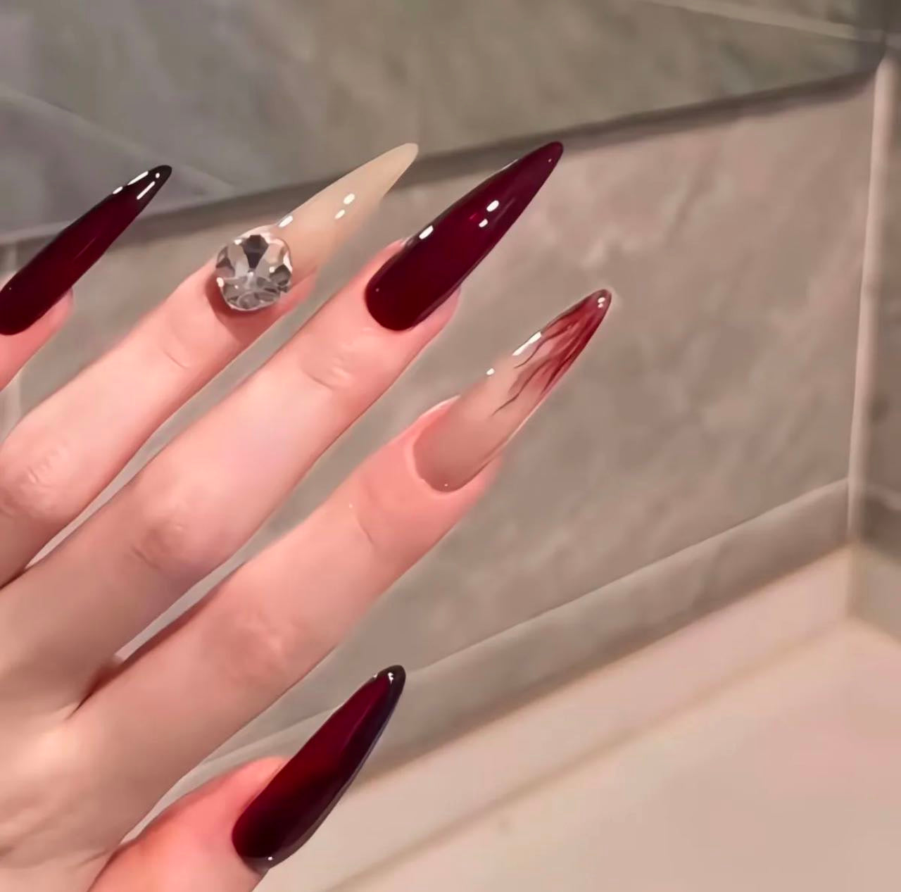 Crimson Glam Stiletto Nails