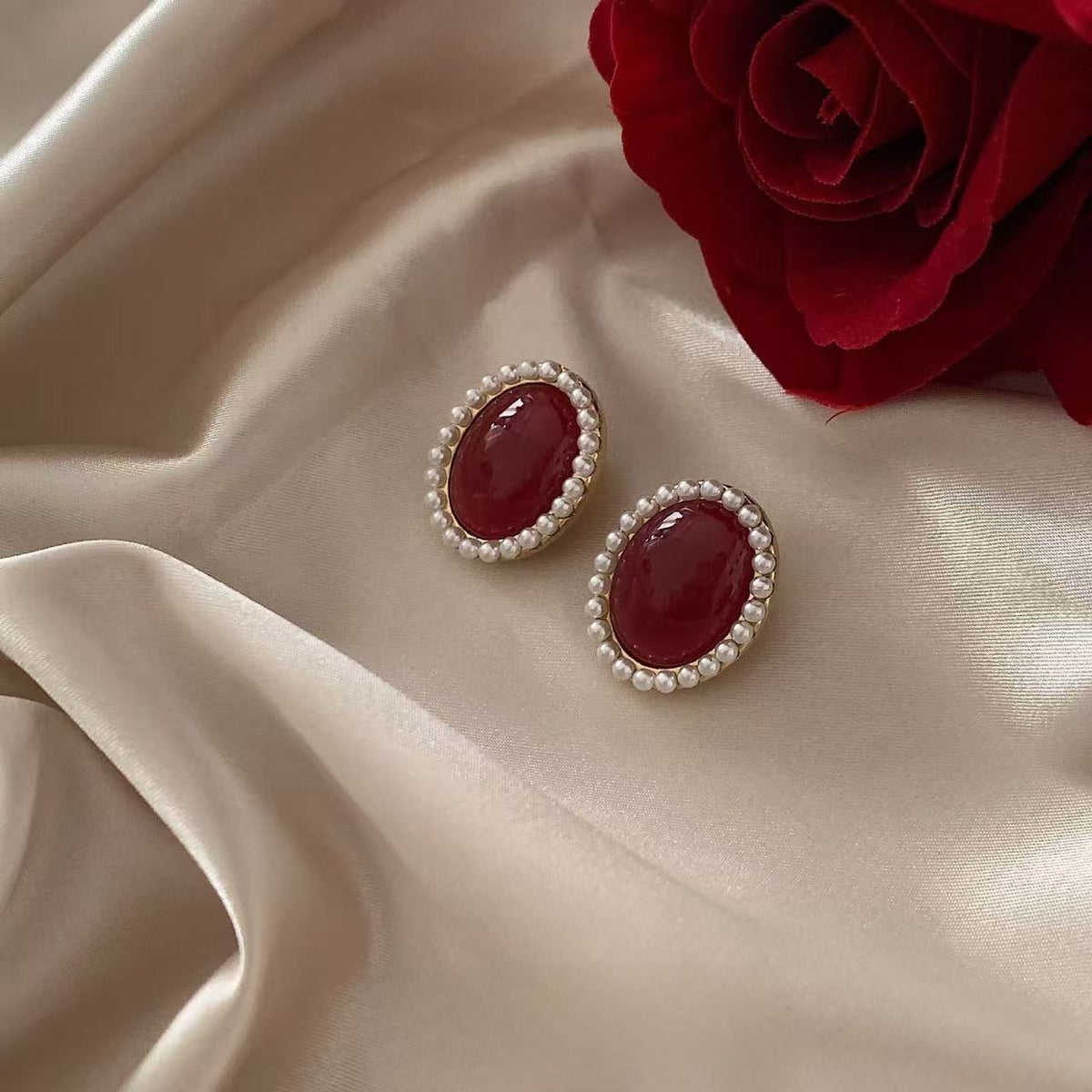 Burgundy Pearl Halo Stud Earrings