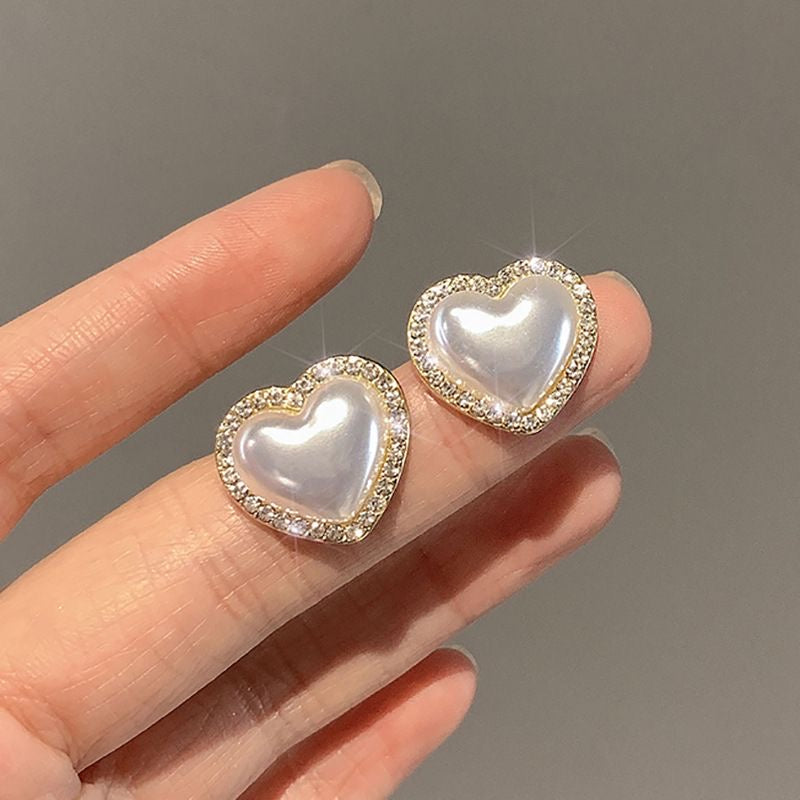 Pearl Heart Crystal Stud Earrings