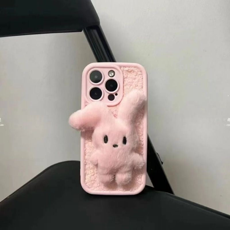 Cute Plush Teddy Bear iPhone Case with Pom-Pom Strap