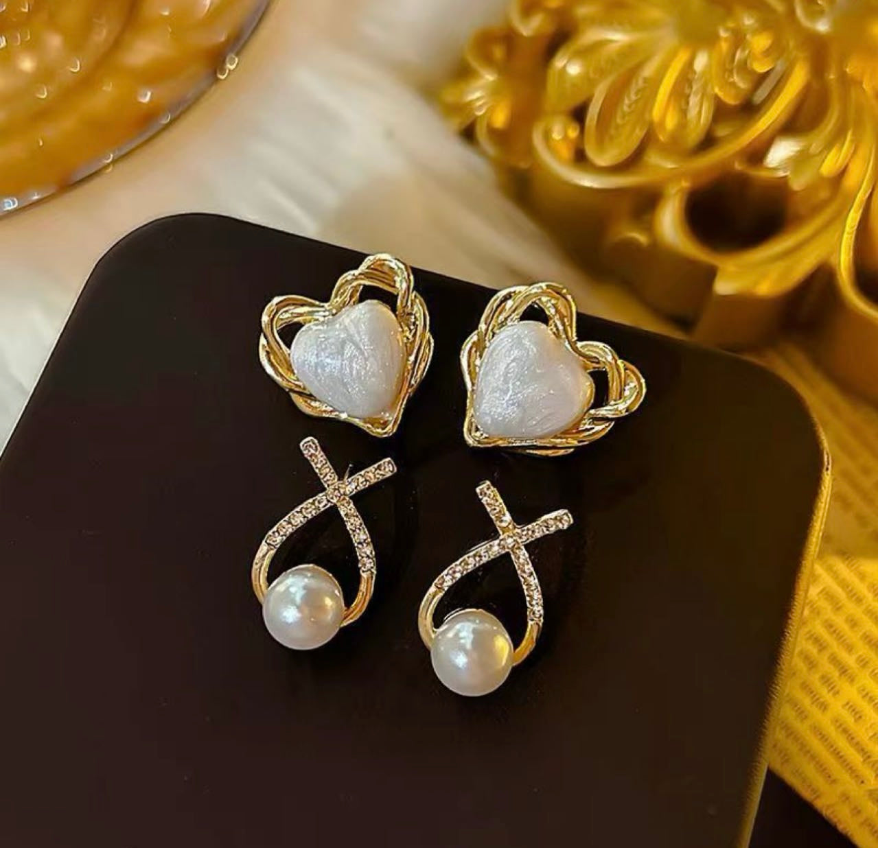 Elegant Pearl & Gold Crystal Earring Set – 6 Pairs Luxury Collection