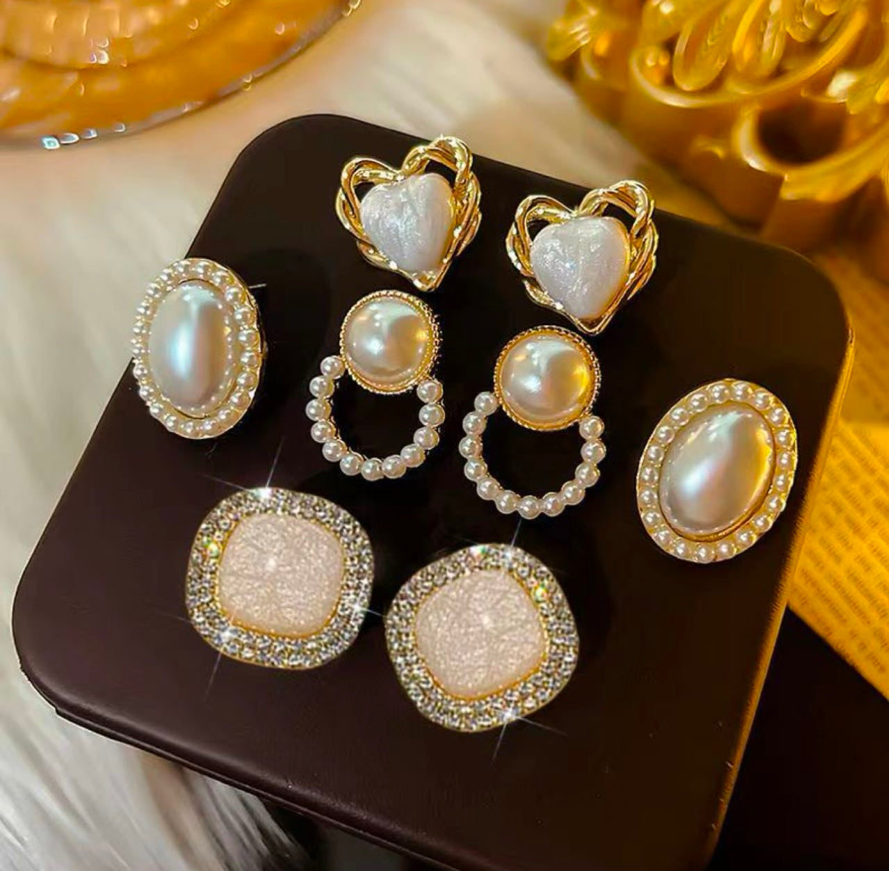 Elegant Pearl & Gold Crystal Earring Set – 6 Pairs Luxury Collection