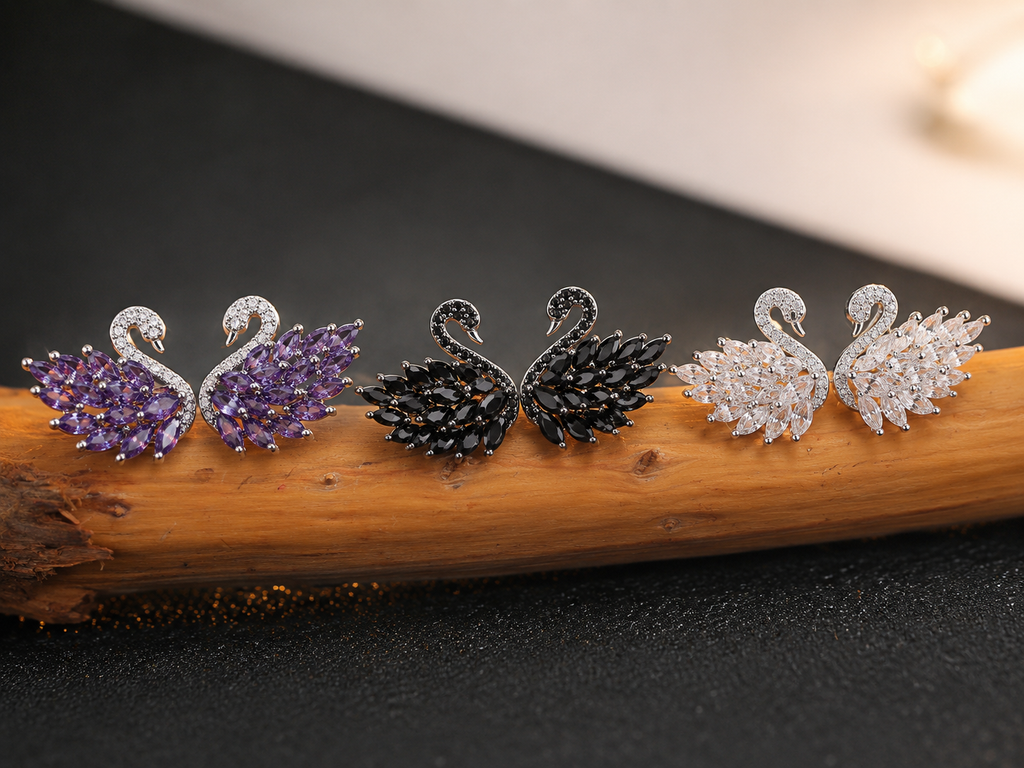 Luxury Crystal Swan Earrings – Purple, Black & White